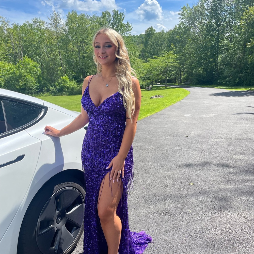 Sherri Hill purple fringe prom dress